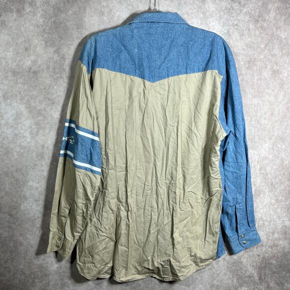 Wangler Western Shirt Mens‎ Large Beige Blue Denim Aztec Button Up Cowboy Rodeo - Picture 6 of 10